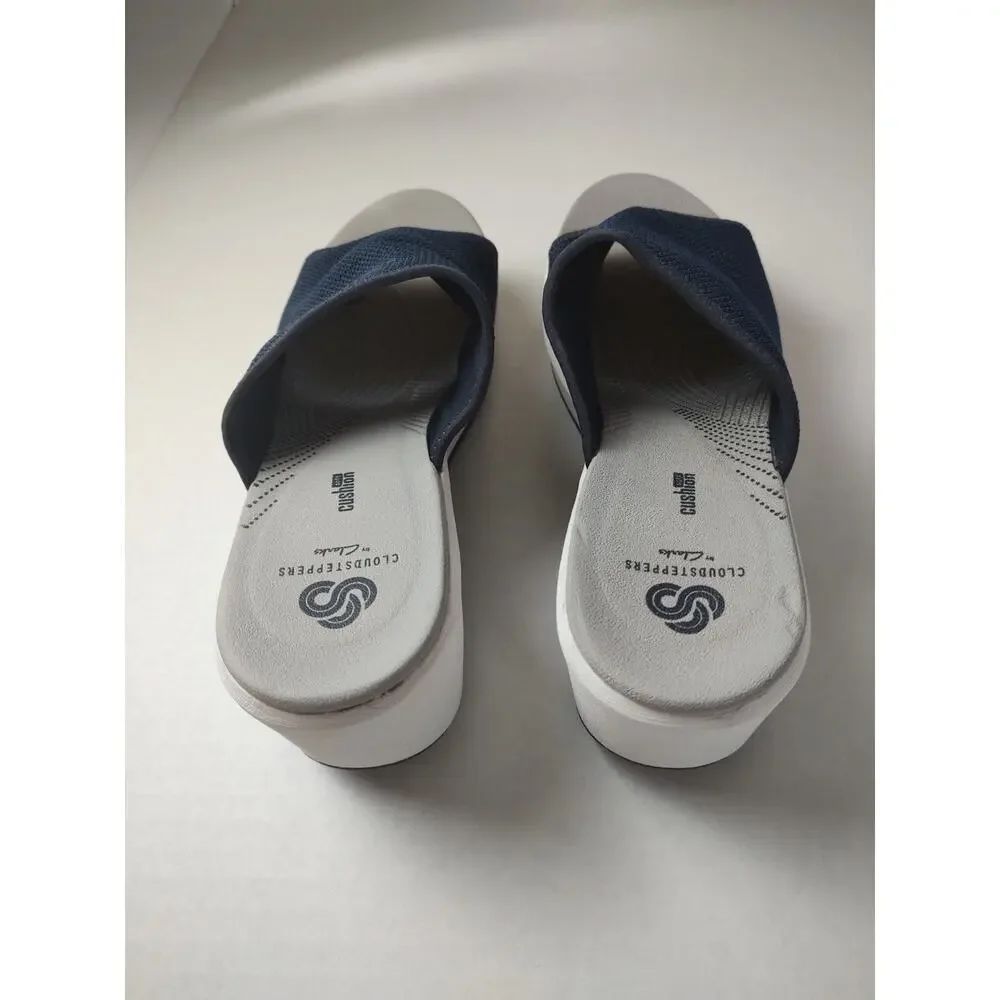 Clarks Cloudsteppers  Cali Bay Blue Canvas Slip On Wedge Heel Sandal Women US 10